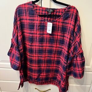SUZANNE BETRO Women’s Red & Navy Plaid Bell-Sleeve Tunic Top (3X) NEW w/TAGS!‎